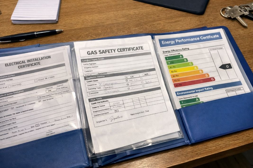 An illustrative image of landlord safety certificates including electrical, gas, and energy performance documents