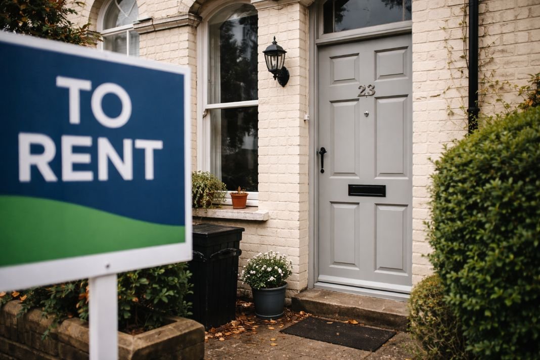 An illustrative image of the front door of a typical UK rented property with a For Rent sign partially visible